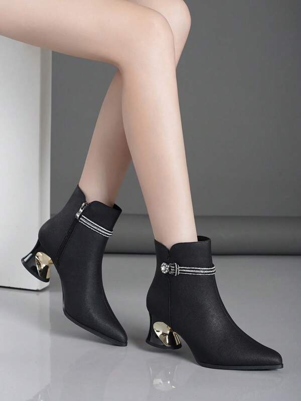 Women's Fashion High Heel Short Boots With Chunky Heel, Side Zipper And Pointed Toe