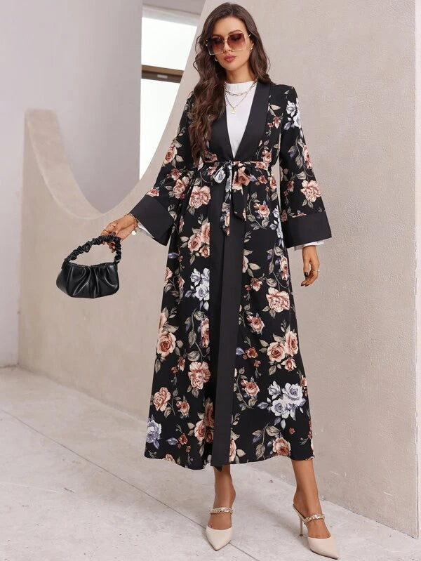 SHEIN Najma Floral Print Flounce Sleeve Belted Abaya