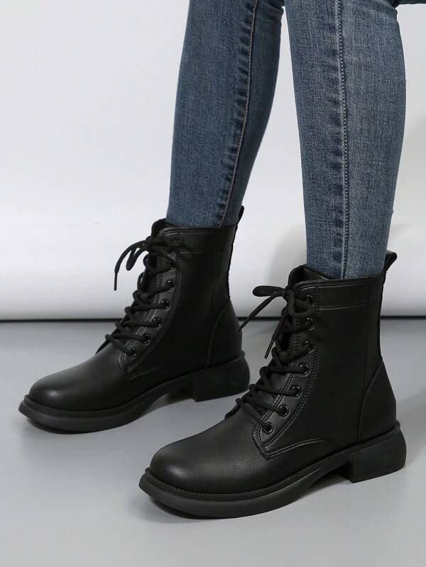 Women's Stylish Comfortable Black Casual High-end Autumn/winter Pu Leather Lace-up Flat High-top Boots