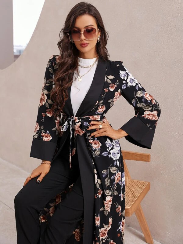 SHEIN Najma Floral Print Flounce Sleeve Belted Abaya