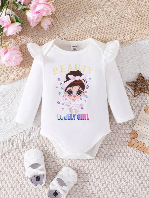 Baby Figure & Slogan Graphic Ruffle Trim Bodysuit