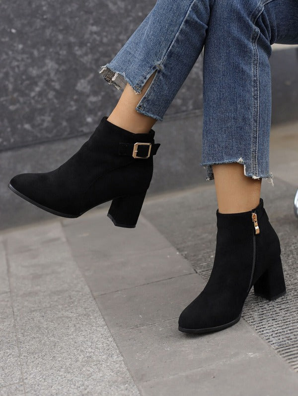 Women Buckle Decor Classic Boots, Elegant Outdoor Faux Suede Ankle Boots