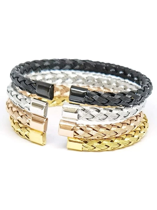 European And American Style Stainless Steel Twisted Cable Wire Braided Personality Open Cuff Bracelet For Men And Women