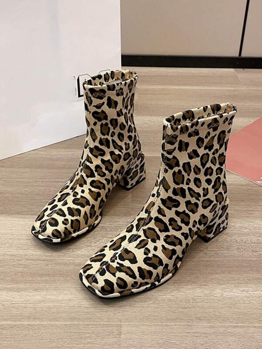 Women's Leopard Print High Heel Short Boots, New Sexy Square Toe Fashionable Chunky Heel Motorcycle Boots With Back Zipper