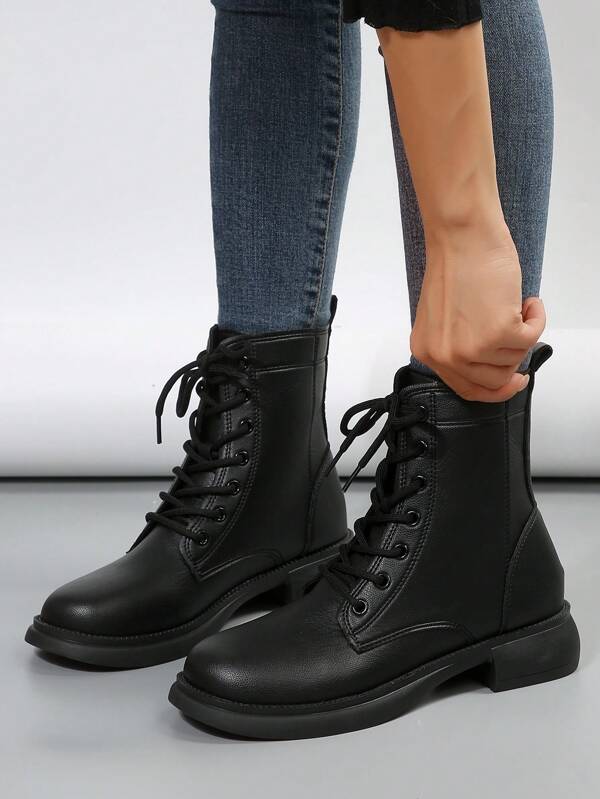 Women's Stylish Comfortable Black Casual High-end Autumn/winter Pu Leather Lace-up Flat High-top Boots