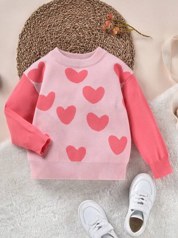 Young Girl Heart Pattern Drop Shoulder Sweater