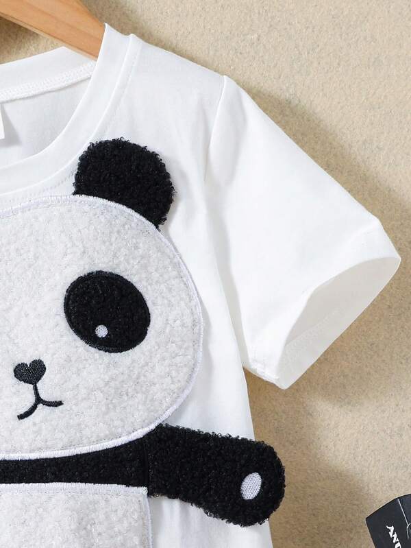 SHEIN Toddler Boys Panda Embroidery Patched Detail Tee