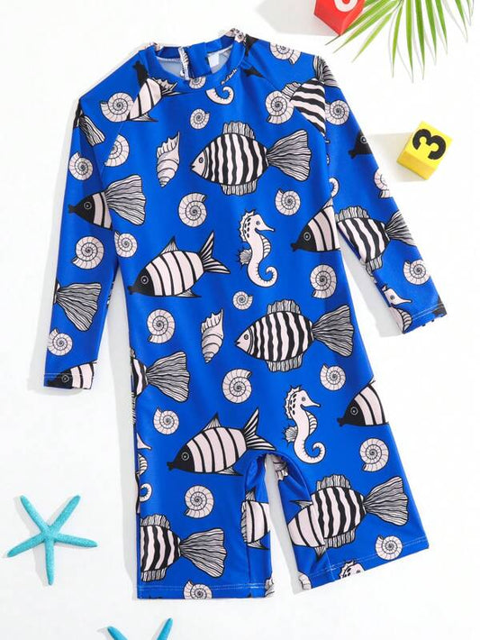 Toddler Boys Fish Print Zipper Back One Piece Swimsuit