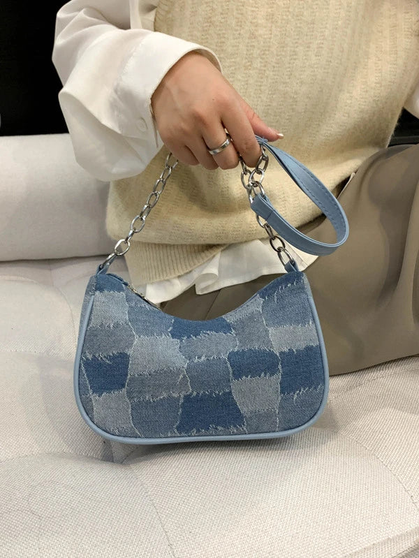 Geometric Pattern Chain Decor Denim Baguette Bag