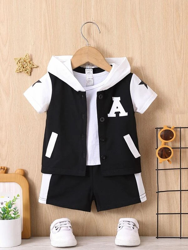Baby Letter Graphic Two Tone Hooded Shirt & Shorts Without Tee