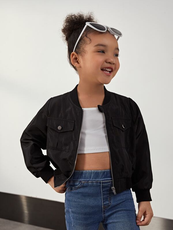 SHEIN Toddler Girls Zip Up Flap Pocket Bomber Jacket