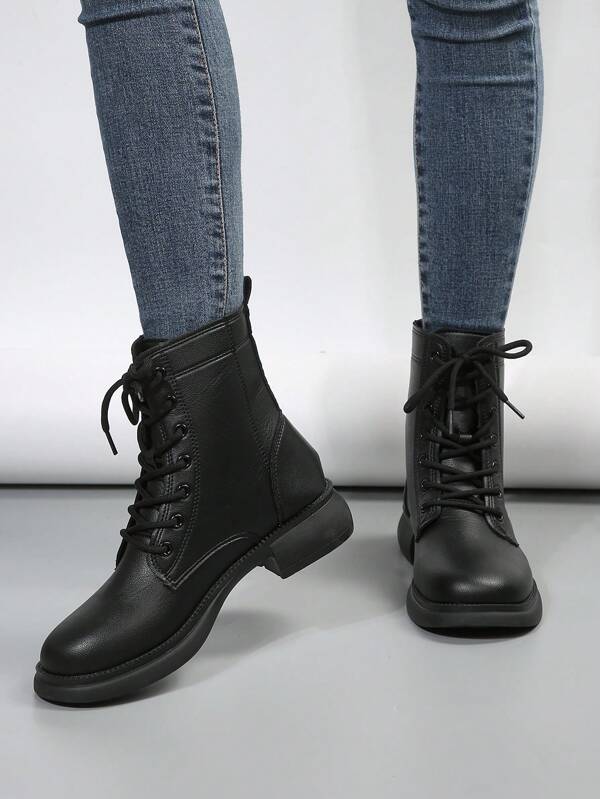 Women's Stylish Comfortable Black Casual High-end Autumn/winter Pu Leather Lace-up Flat High-top Boots