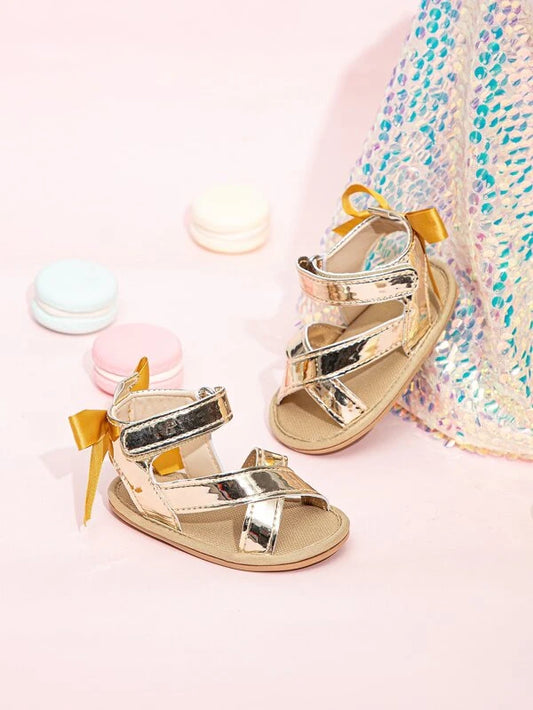 Baby Metallic Bow Decor Criss Cross Sandals, Princess Summer & Spring Ankle Strap Sandals