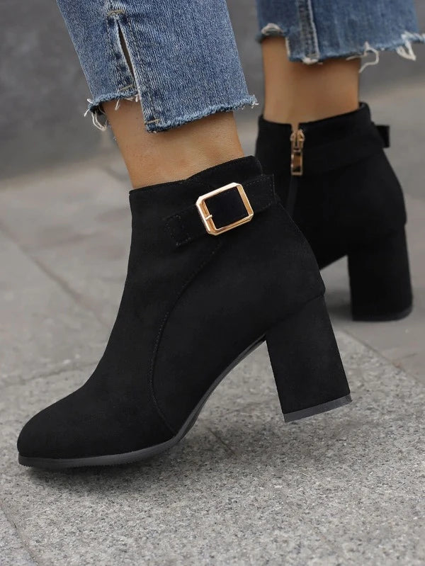 Women Buckle Decor Classic Boots, Elegant Outdoor Faux Suede Ankle Boots