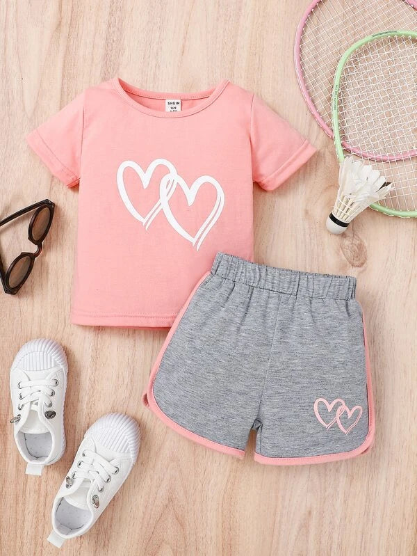 Baby Heart Print Top & Contrast Binding Track Shorts