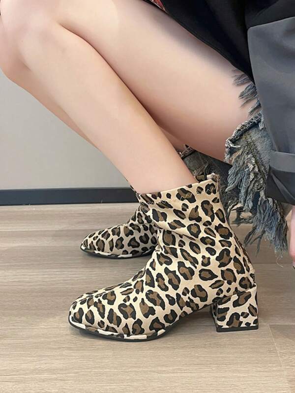 Women's Leopard Print High Heel Short Boots, New Sexy Square Toe Fashionable Chunky Heel Motorcycle Boots With Back Zipper