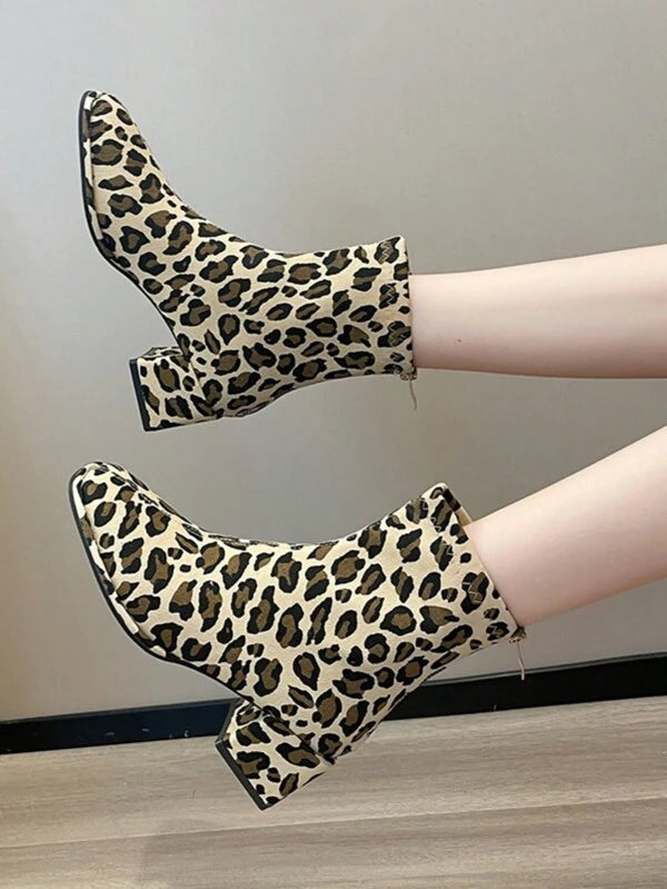 Women's Leopard Print High Heel Short Boots, New Sexy Square Toe Fashionable Chunky Heel Motorcycle Boots With Back Zipper