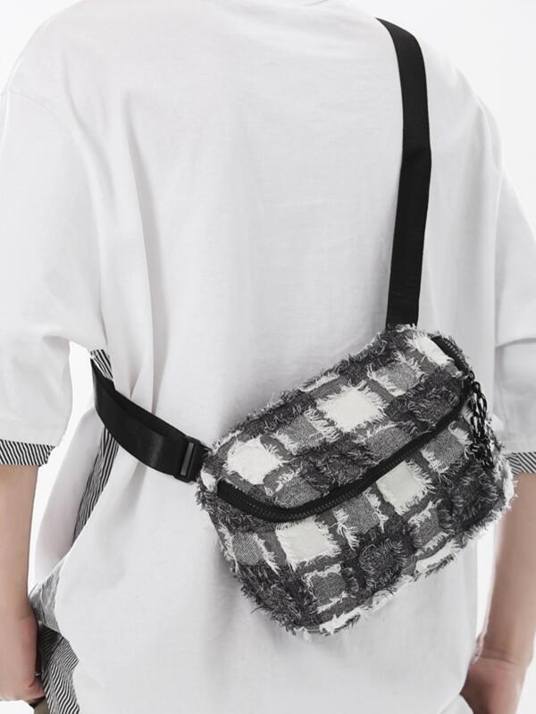 Men's Simple Plaid Pattern Crossbody Bag Trendy Student Versatile Fanny Pack