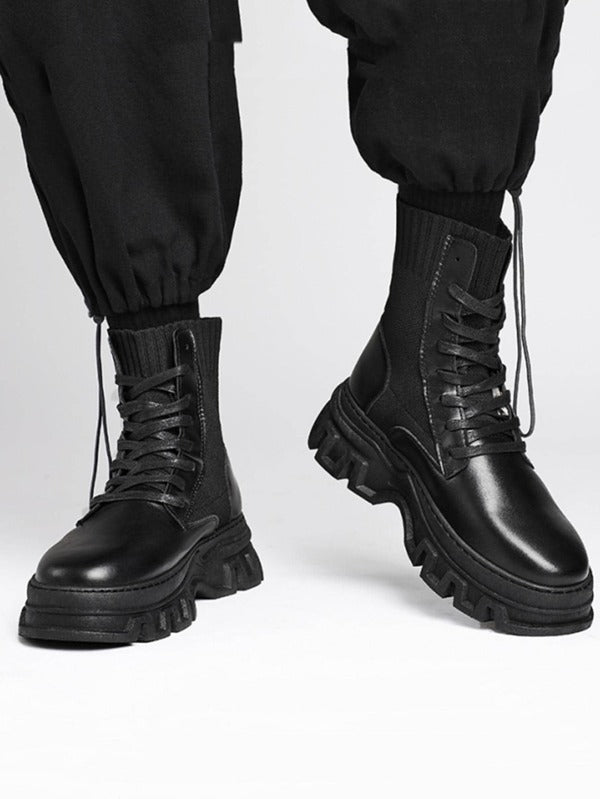 Men Minimalist Lace Up Front Combat Boots, Fashion Boots Black