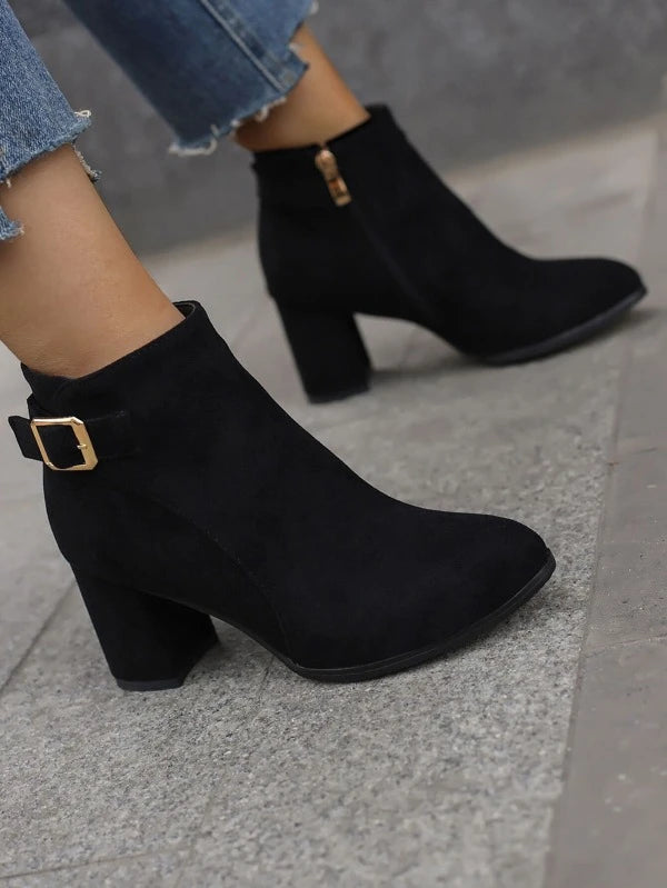 Women Buckle Decor Classic Boots, Elegant Outdoor Faux Suede Ankle Boots