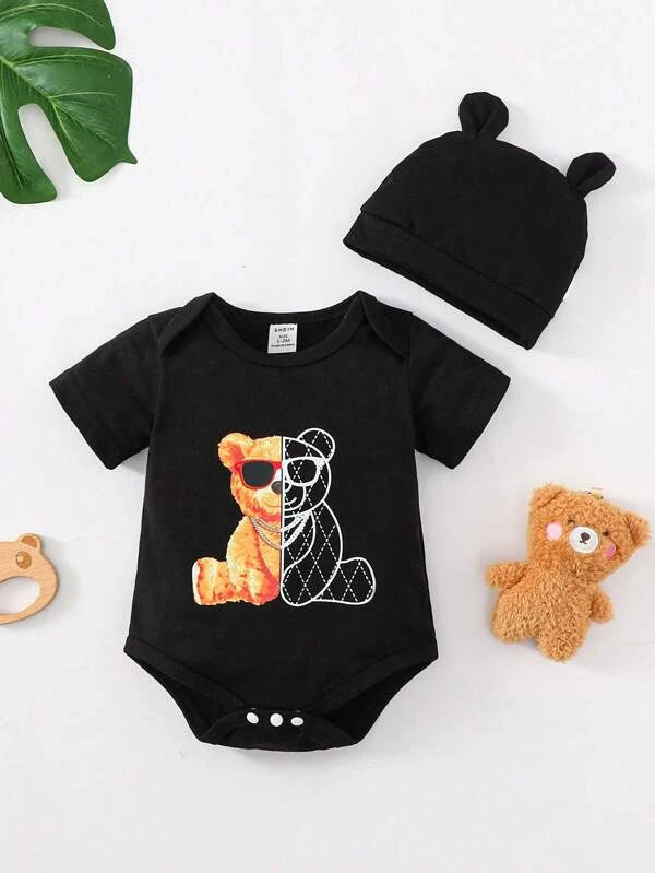 Newborn Baby Bear Print Bodysuit & 3D Ear Design Hat