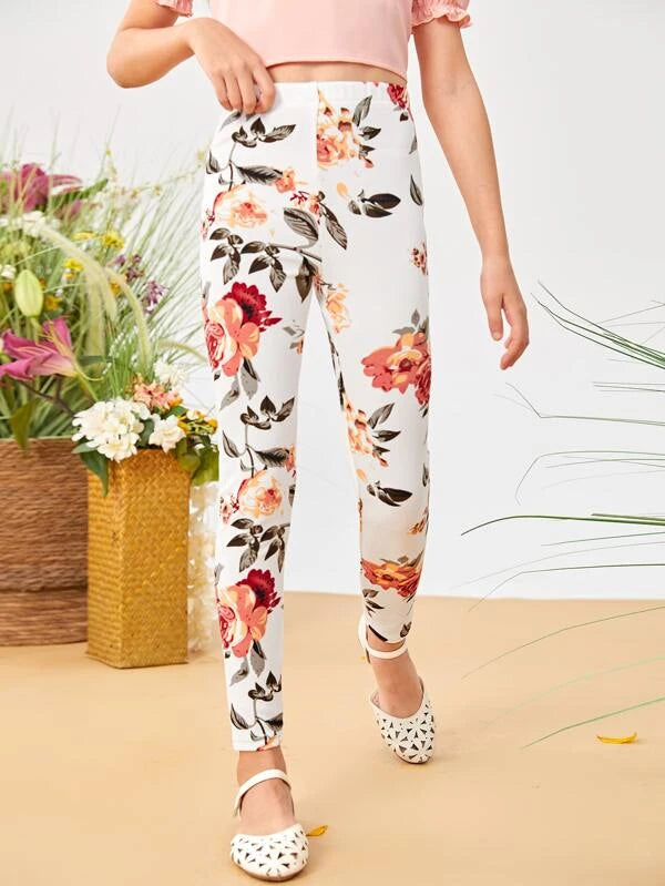 SHEIN Girls High Waist Floral Print Leggings