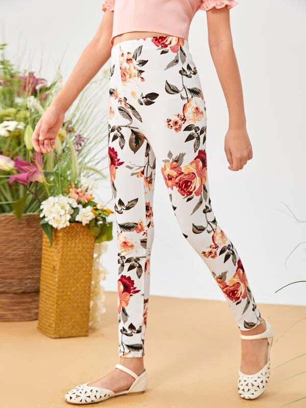 SHEIN Girls High Waist Floral Print Leggings