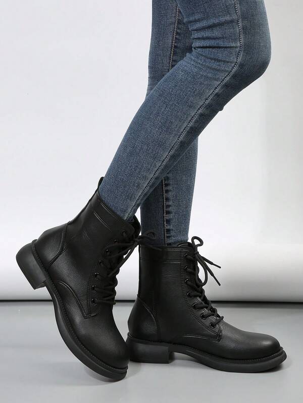 Women's Stylish Comfortable Black Casual High-end Autumn/winter Pu Leather Lace-up Flat High-top Boots