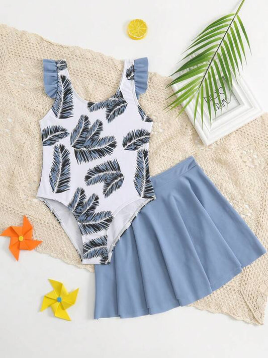 Toddler Girls 1pc Tropical Print Ruffle Trim One Piece Swimsuit With 1pc Beach Skirt