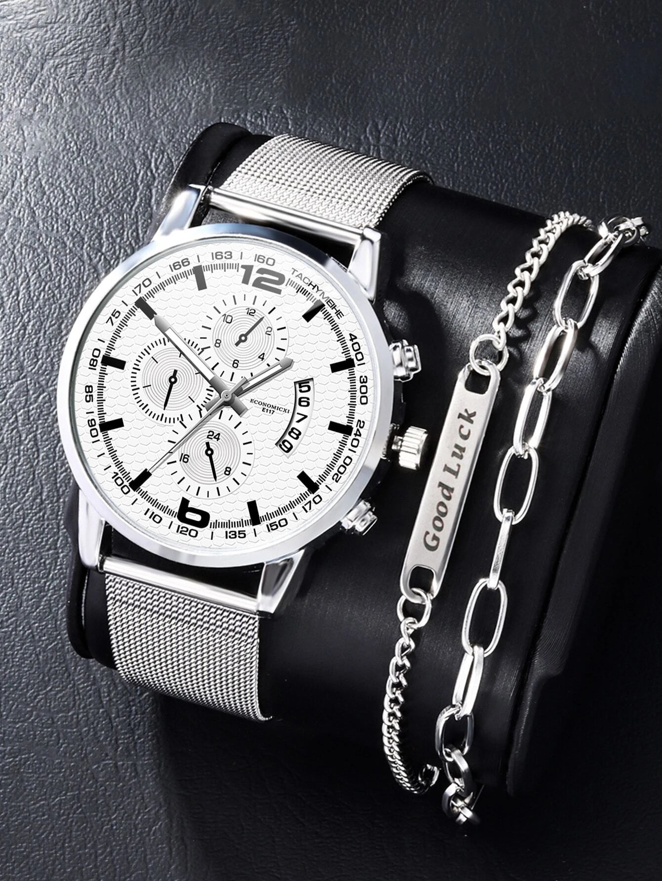 1pc Men Silver Zinc Alloy Strap Business Date Round Dial Quartz Watch & 1pc Bracelet, For Daily Life