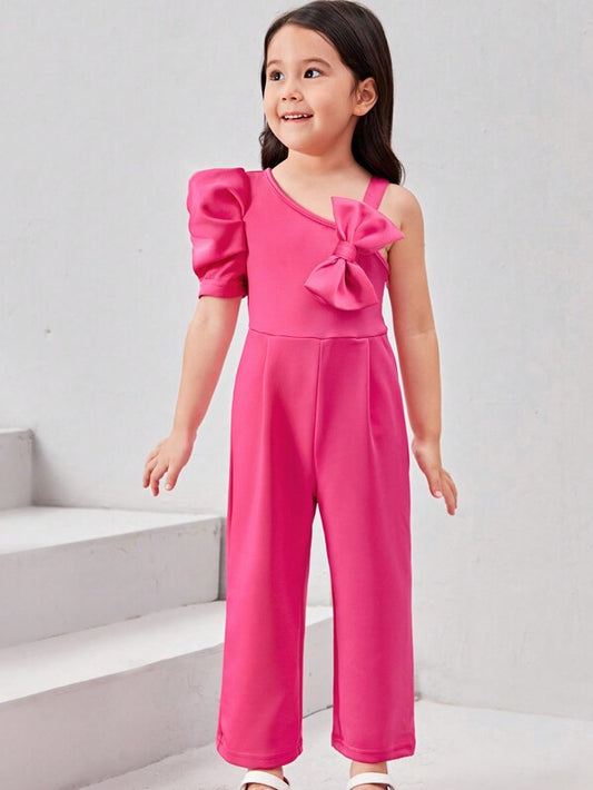 SHEIN Toddler Girls' Rose Red One Shoulder Asymmetrical Jumpsuit With Bow Decoration And Wide Leg Pants