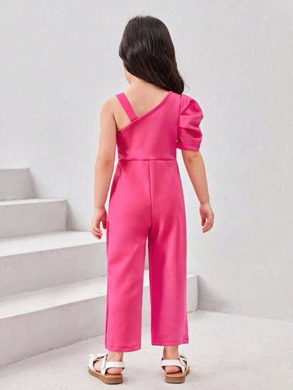 SHEIN Toddler Girls' Rose Red One Shoulder Asymmetrical Jumpsuit With Bow Decoration And Wide Leg Pants