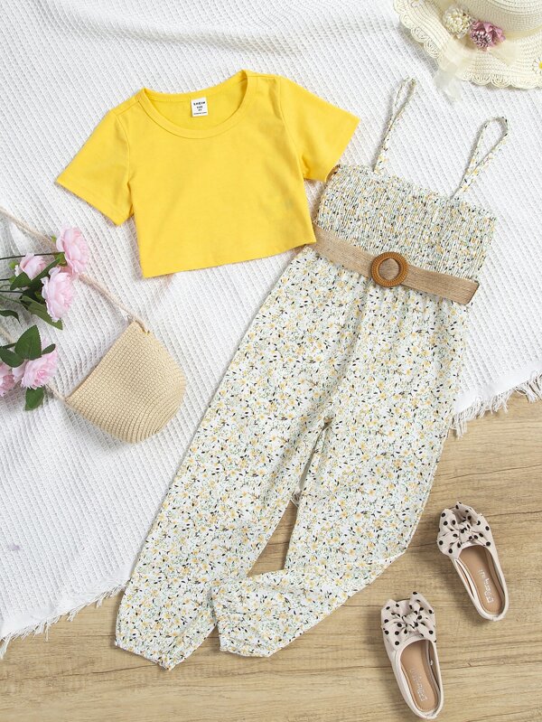 Toddler Girls Solid Tee & Ditsy Floral Print Belted Jumpsuit