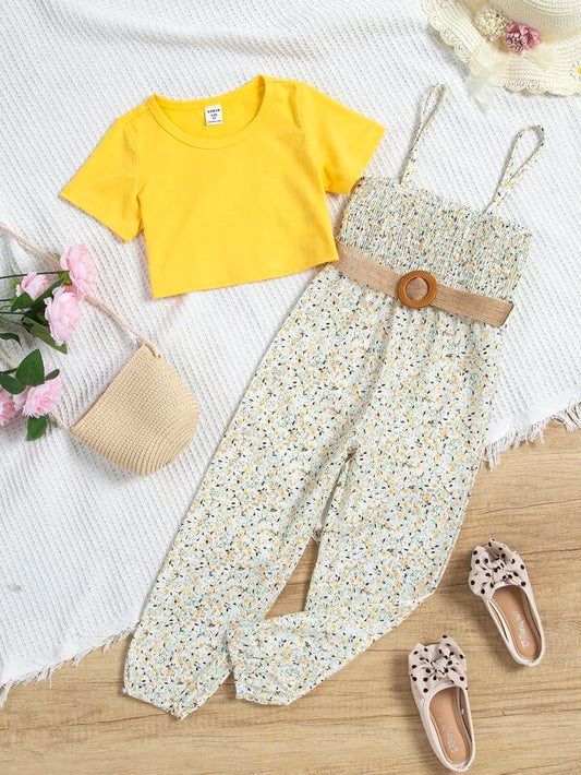 Toddler Girls Solid Tee & Ditsy Floral Print Belted Jumpsuit