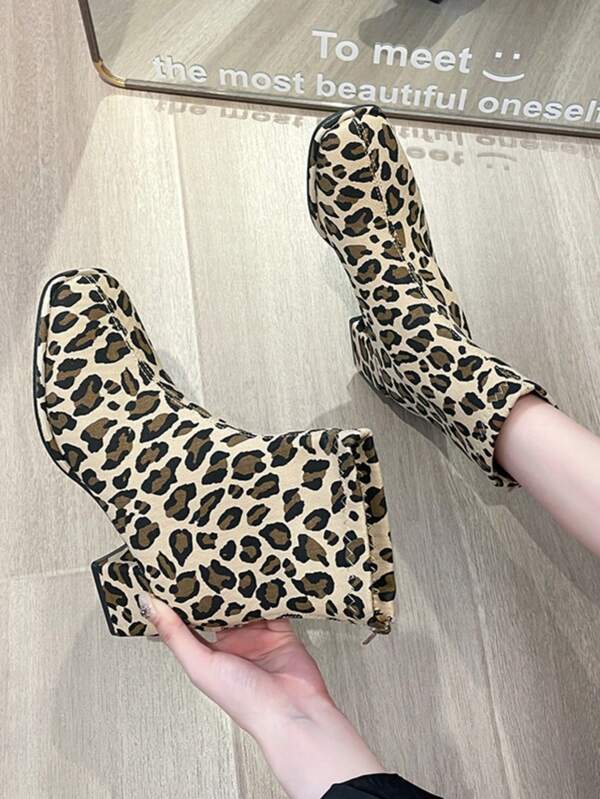 Women's Leopard Print High Heel Short Boots, New Sexy Square Toe Fashionable Chunky Heel Motorcycle Boots With Back Zipper