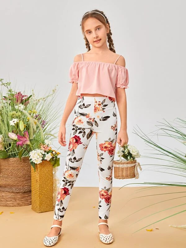 SHEIN Girls High Waist Floral Print Leggings