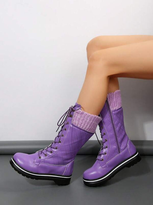 Women's Round Toe Flat Fashionable Warm Mid-calf Lace-up Pu Leather Casual Boots For Autumn/winter