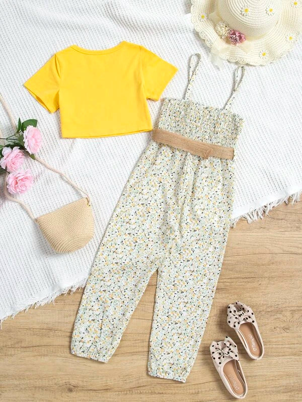 Toddler Girls Solid Tee & Ditsy Floral Print Belted Jumpsuit