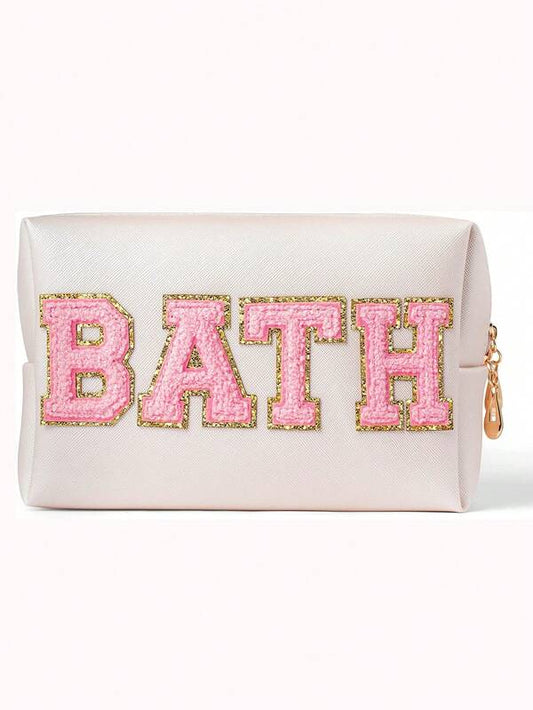 1pc Women Teen Girls Waterproof Preppy Varsity Letter Patch Cosmetic Toiletry Makeup Bag For Travel Organizer