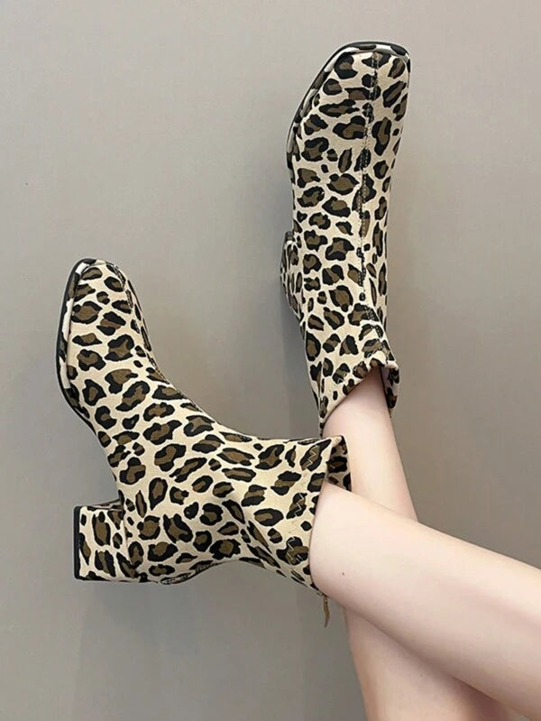 Women's Leopard Print High Heel Short Boots, New Sexy Square Toe Fashionable Chunky Heel Motorcycle Boots With Back Zipper