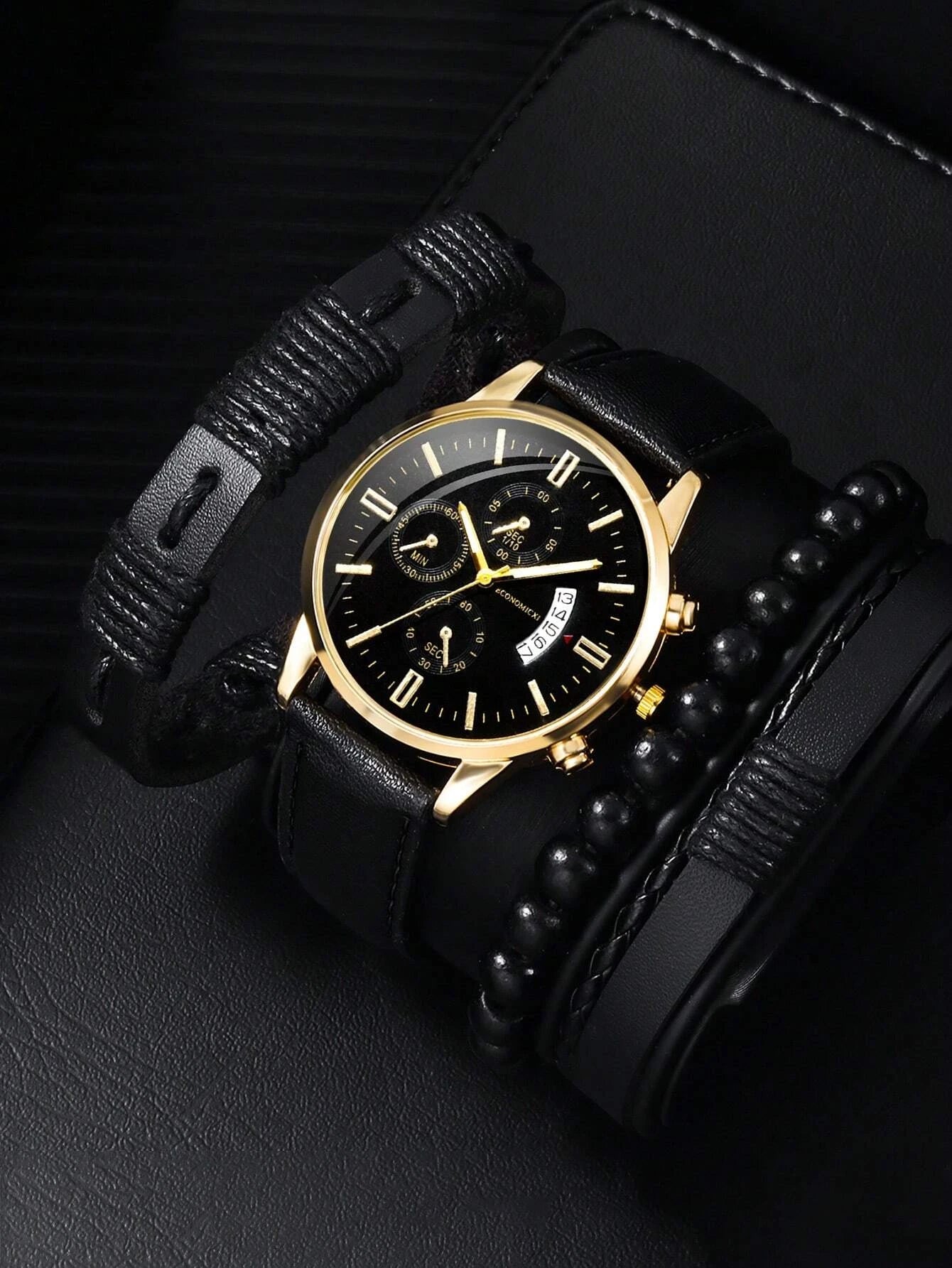 1pc Men Black PU Polyurethane Strap Casual Date Round Dial Quartz Watch & 3pcs Bracelet, For Daily Life