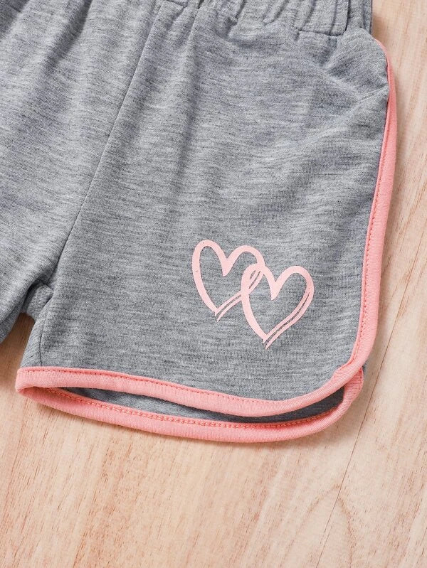 Baby Heart Print Top & Contrast Binding Track Shorts