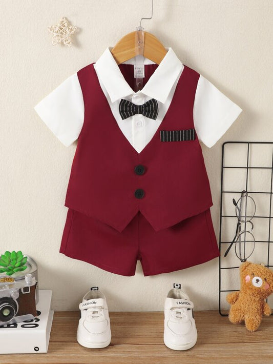 Baby Boy Contrast Collar Bow Front 2 In 1 Shirt & Shorts
