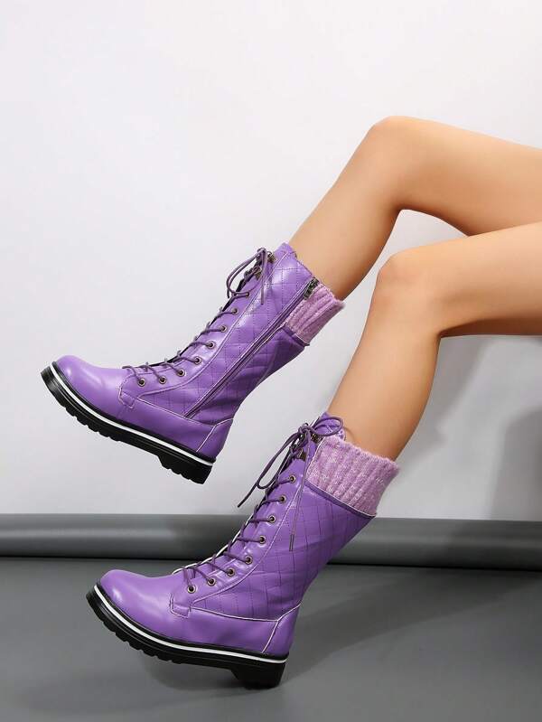 Women's Round Toe Flat Fashionable Warm Mid-calf Lace-up Pu Leather Casual Boots For Autumn/winter