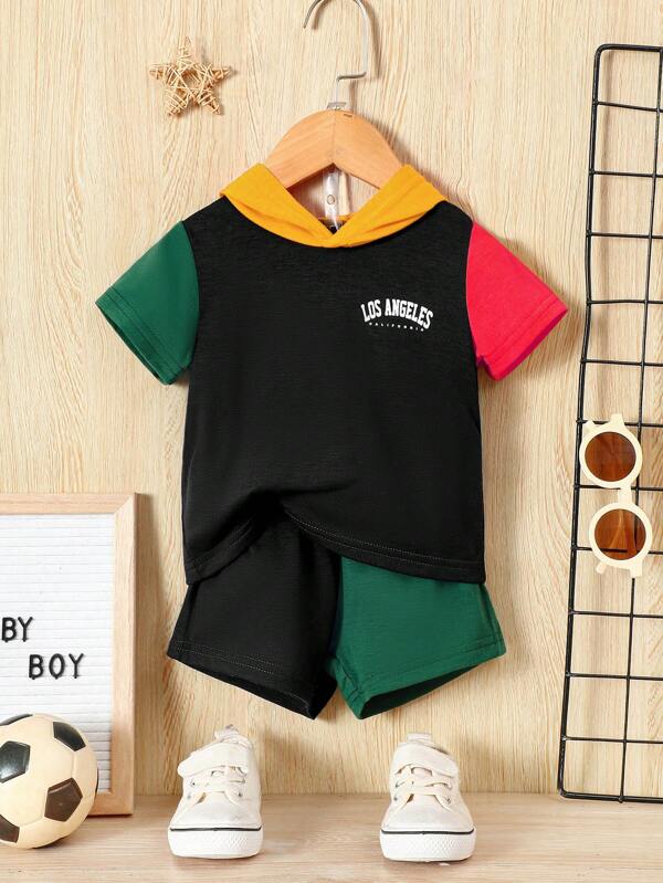 Baby Letter Graphic Colorblock Hooded Tee & Shorts