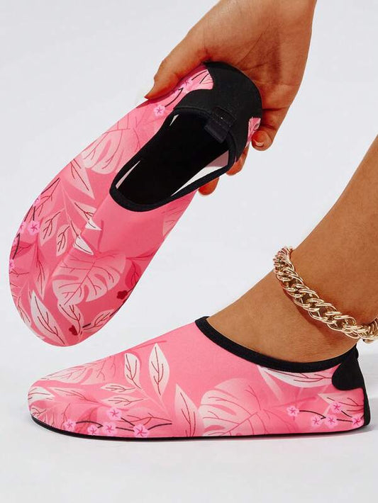 Women Anti-slip Tropical Pattern Aqua Socks, Sporty Beach Nylon Water Shoes