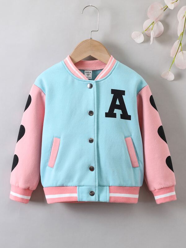 SHEIN Kids EVRYDAY Toddler Girls Heart & Letter Graphic Striped Trim Thermal Lined Jacket