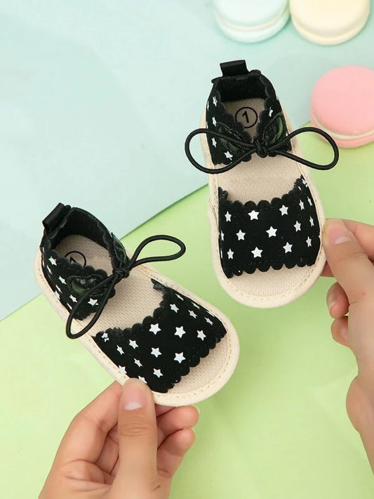 Baby Star Pattern Strap Sandals, Fabric Lace-up Front Sandals Black