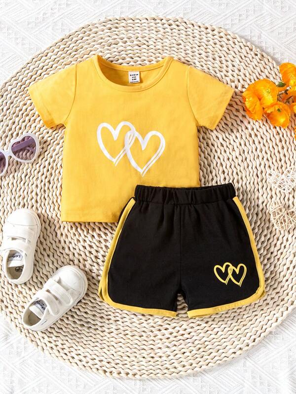 Baby Heart Print Top & Contrast Binding Track Shorts