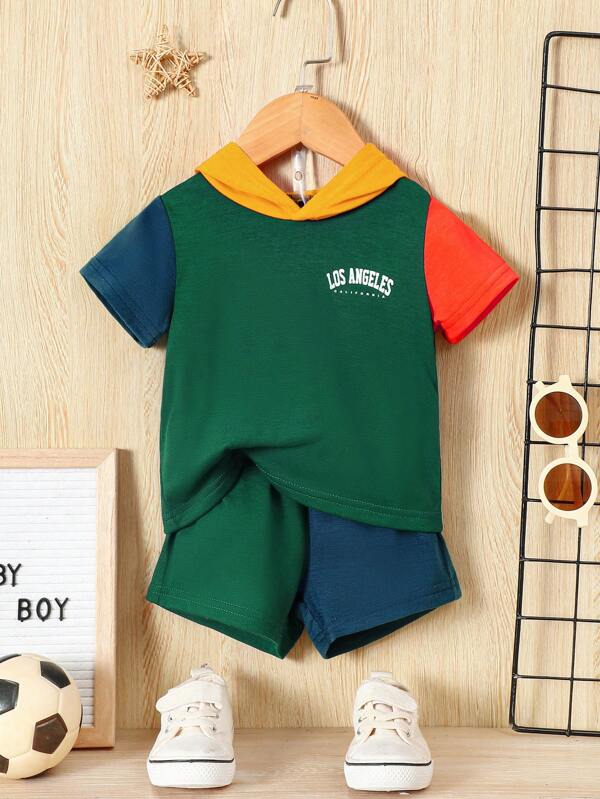 Baby Letter Graphic Colorblock Hooded Tee & Shorts